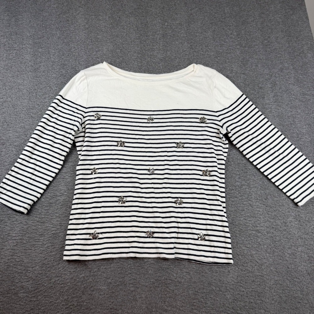 Talbots Stripe Embellished Top Womens Large White Navy Blue 3/4 Sleeve Cotton